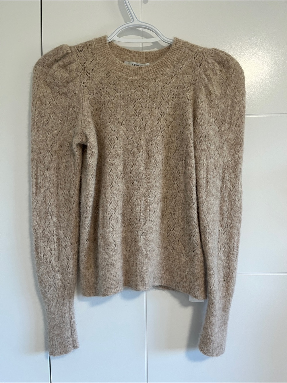Ever New Taupe Puff-Sleeve Diamond-Knit Crew Sweater
